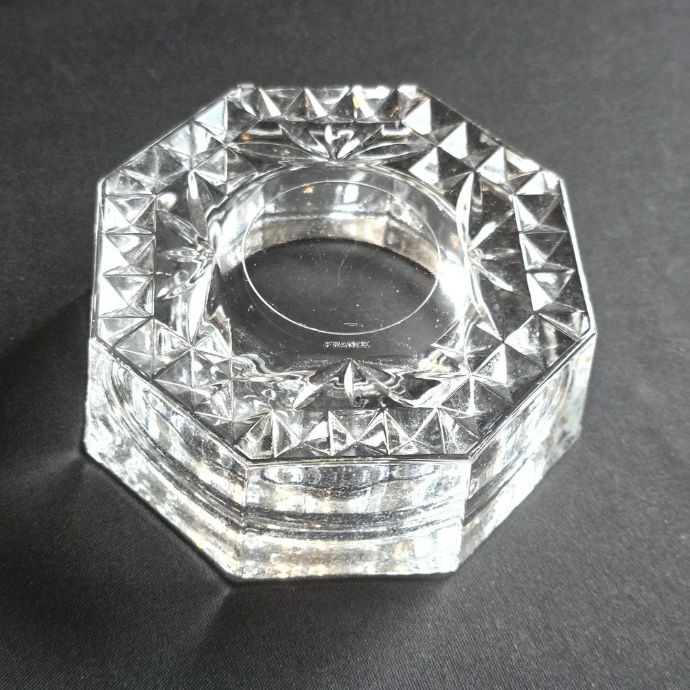 Vintage French‎ Crystal Octagon Diamond Cut Trinket Dish Tea Light Candle Holder